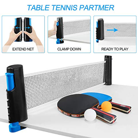 Image of Fostoy Table Tennis Set, 4 Ping Pong Paddles with 8 Table Tennis Balls and Retractable Ping Pong Net, Ideal Indoor and Outdoor Ping Pong Sets, Perfect for Professional and Recreational Games (Blue)