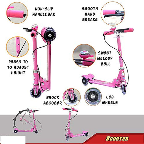 Image of JOYESTA Kick Scooter for Kids 3 Wheeler Foldable Kick Skating Cycle with Brake and Bell, LED on Wheels and Height Adjustable for Boys and Girls for 3-7 Years (Pink)