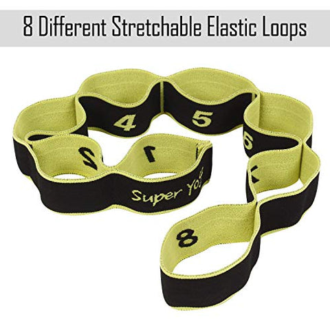 Image of FITSY Cotton Nylon Blended Elastic 8 Loops Stretching Strap for Yoga, Pilates, Exercise, Physical Therapy Home Fitness, Black