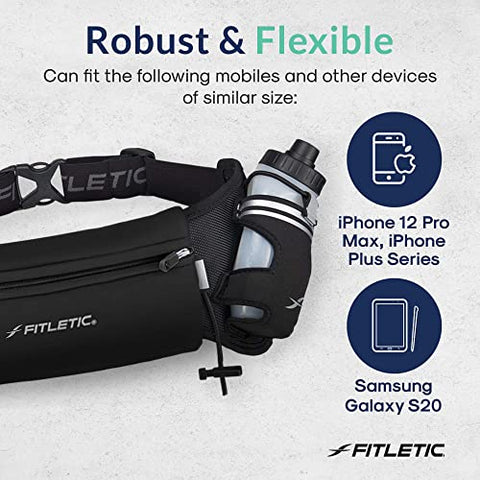 Image of Fitletic Hydra 16 Trail Hydration Belt ‚ Small/Medium, Black | Patented No Bounce Technology for Marathon, Triathlon, Ironman, Trail, 5K, 10K | Running Belt | Race Belt | HD08-C1S