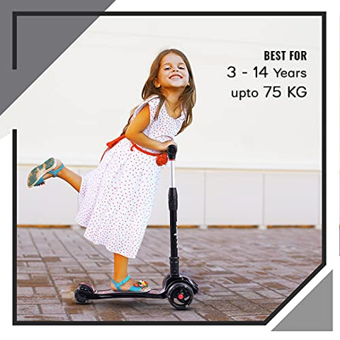Image of Baybee Scooter for Kids, 3 Wheel Kids Scooter Smart Kick Scooter with Foldable & Height Adjustable Handle & Extra-Wide LED PU Wheels & Brake, Skate Scooter for Kids (ST4-Black)