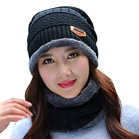 Image of CLUB SPUNKY Men's Woollen Cap with Neck Muffler/Neck Warmer Set (Black, Free Size)