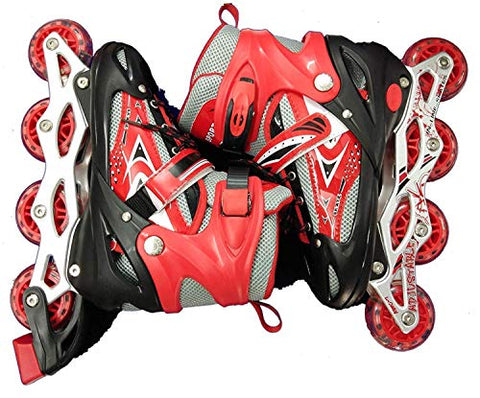 Image of RIVET ENTERPRISE Red Inline Skates Size Adjustable All PU Wheels with Aluminum-Alloy, LED Flash Light, Age Group 6-14 Years