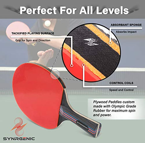 Image of Synrgenic Table Tennis Paddle Set - 4 Professional Ping Pong Rackets, 8 Professional ITTF Game Balls, Foldable Scorecard, and Portable Cover Bag - Ergonomic Wooden Bats for Powerful Speed and Spin