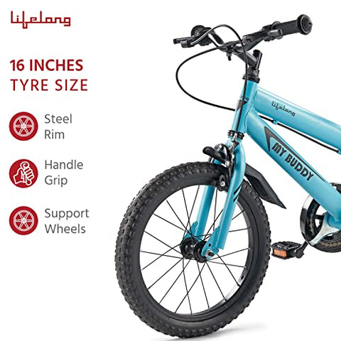 Image of Lifelong LLBC1601 Mybuddy Cycle 16T with Support for Boys and Girls, 9.5'' Steel Frame| 85% Assembled, Frame Size: 12" | Ideal Height : 3 ft 8 inch+ | Ideal for 4 to 8 Years (Blue)