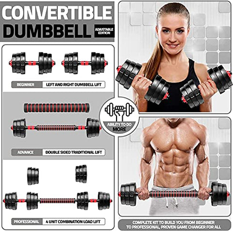 Image of FitBox Sports 3 In 1 Convertible Adjustable Dumbbells kit With Button Shaped Plates 20 Kg (2kg x 4 + 3kg x 4), Black