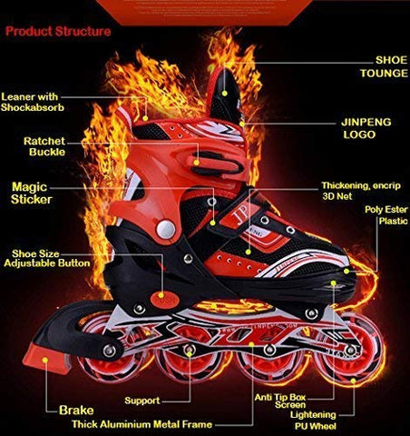 Image of RIVET ENTERPRISE Red Inline Skates Size Adjustable All PU Wheels with Aluminum-Alloy, LED Flash Light, Age Group 6-14 Years