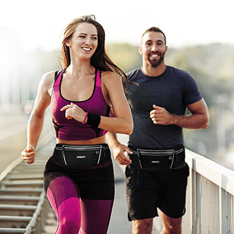 Image of ANBEKO Universal Running belt with extender, large capacity waist pack with 4 pockets,Hiking Travel Camp Running Workout Belt bag,Reflective no bounce waist pack,Easy carry any large phones