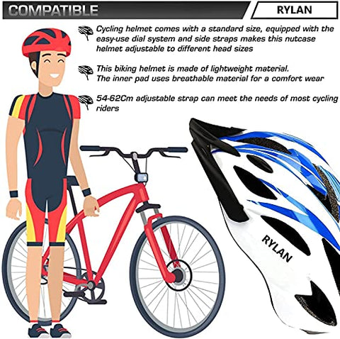 Image of RYLAN Bicycle Helmet with Detachable Visor Back Light & Insect Net Padded Adjustable Size Cycling Helmet Lightweight Mountain Bike Cycle Helmets for Mens (Blue)