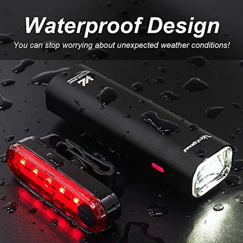 Image of VICTGOAL USB Rechargeable Bicycle Light Set 400 Lumen Super Bright Headlight Front Lights and Back Rear LED 4 Light Mode Road Cycling Safety Flashlight Runtime 4+ Hours (Black)