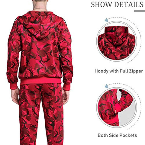 Image of Men Gym Contrast Jogging Full Tracksuit Hoodie Camouflage Joggers Set, Camo Red-M