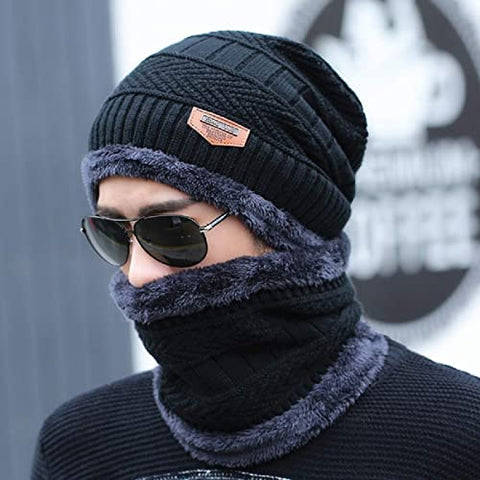 Image of Mahi Fab clipper Woolen Beanie/Skull Cap & Neck Warmer (Muffler) Combo for Winters with Faux Fur Inner Side |Warm Hat| Hedging Hat Scarf Set | Winter Cap | Air Proof Cap | Woolen Cap | Ear Warmer