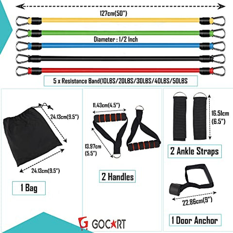 Image of GOCART WITH G LOGO 9 pcs Resistance Band Set - with Door Anchor, Handles, Stackable Up to 80lbs - for Resistance Training, Physical Therapy, Home Workouts