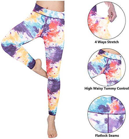 Image of Women's High Waist Workout Leggings with Pockets Naked Feeling Yoga Pants Tummy Control Sports Activewear Tights, Tie Dye Blue, Large
