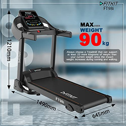 Image of Fitkit Series 1.5HP 2HP Peak DC-Motorised Treadmill FT98i, Max Speed - 10km/hr, Max Weight - 90 Kg with Home Installation and Diet and Fitness Plan (Black)