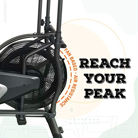 Image of Reach Iconic Air Bike Exercise Cycle for Home Gym | Fan-based Air Resistance for Cardio & Fitness Workout | Indoor Gym Equipment with LCD screen and Cushioned Seat