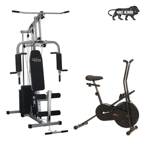 Image of Lifeline Fitness HG-002 Home Gym Machine with 72kg Weight Stack with LE-103BS Air Bike with Back Support for Complete Home Gym Setup