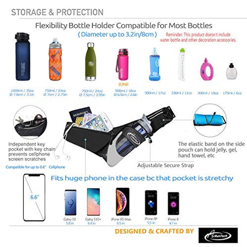 Image of AiRunTech Waist Pack Water Bottle Holder, Fanny Pack/Pouch Bag Women Running, iPhone Samsung Waterproof Purse Pockets Running Belt Fitness Jogging Accessories (Upgraded II Black 4.0")