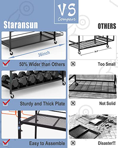 Image of Staransun Home Gym Storage Rack - Weight Rack for Dumbbells - Yoga Mat Storage Rack with Two Extra Side Storage Space - Garage Storage with Caster Wheels - Workout Equipment Organizer - Easy to Assemble
