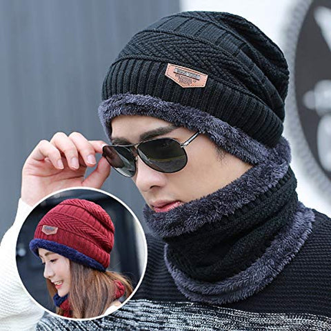 Image of ABlue Clipper Unisex Woollen with Faux Fur Inner Side Beanie Cap and Neck Muffler Winter Combo Set (Black , Free Size )
