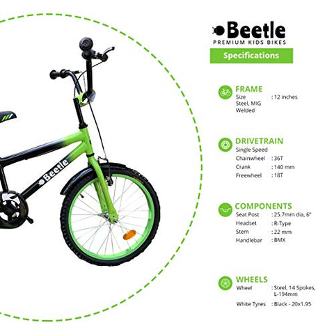 Image of Beetle Storm 1.0 20T Kids 12 Inches Steel Frame Cycle for Boys & Girls, Age Group - 6 to 10 yrs,Green and Black