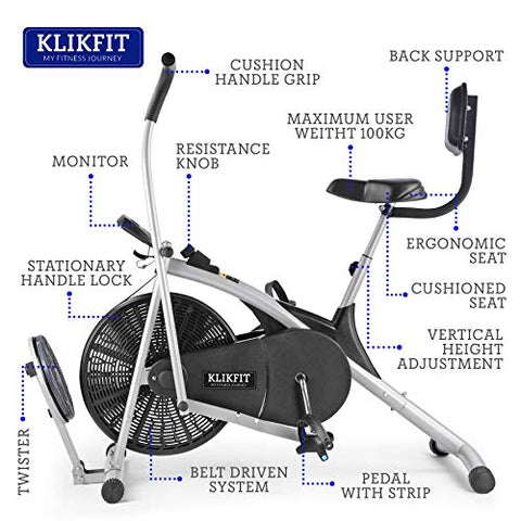 Image of KLIKFIT KF04CM Upright Air Bike Exercise Cycle with Dual Moving Arms for Home Gym Cardio Full Body Weight Loss Workout with Twister & Back Support Free Installation (Silver and Black)