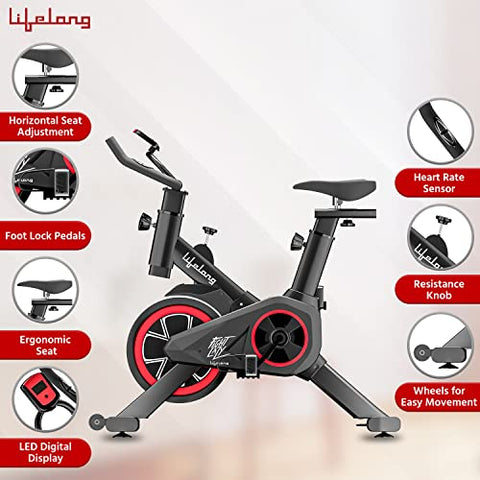 Image of Lifelong LLESB99 Exercise Spin Fitness Bike with 6kg Flywheel|Adjustable Resistance|LCD Monitor & Heart Rate Sensor for Fitness at Home|Spin Bike, Fitness Bike, Exercise Bike for Home Use|Max User Weight: 100kg (1 Year Warranty)