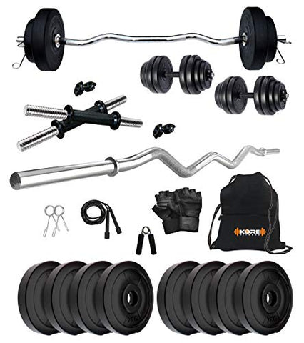 Image of Kore PVC 16 Kg Home Gym Set With One 3 Ft Curl And One Pair Dumbbell Rods With Gym Accessories, Black