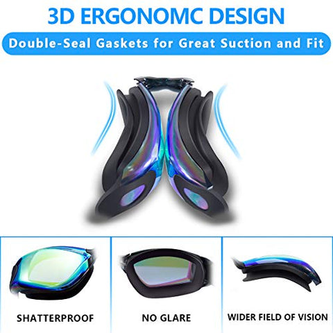 Image of Keary Swim Goggles Pack of 2 Anti-Fog Swimming Goggles for Adults Women Men Youth Junior, No Leaking UV Protection Waterproof Mirrored Lens Triathlon Pool Goggles with 3 Size Nose Pieces & Earplugs