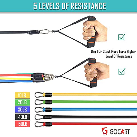 Image of GOCART WITH G LOGO 9 pcs Resistance Band Set - with Door Anchor, Handles, Stackable Up to 80lbs - for Resistance Training, Physical Therapy, Home Workouts