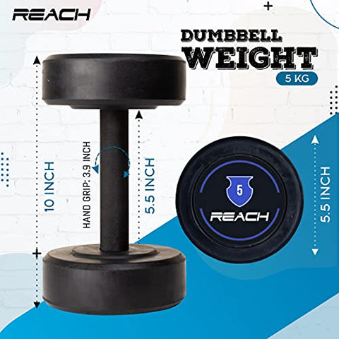 Image of Reach Dumbbell 5 kg Round Dumbbell Set - Pair of 2, 10 kg (Black/Silver)