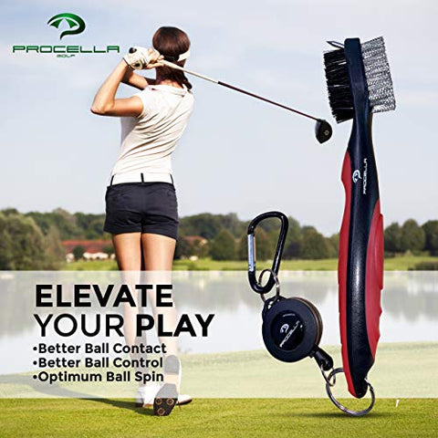 Image of Procella Golf Club Brush - Must-Have Golf Tool for Cleaning Dirty Clubs - Golf Club Cleaner for Irons & Woods - Golf Brush and Groove Cleaner with Carabiner - Nylon & Wire Golf Club Cleaning Brush