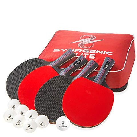 Image of Synrgenic Table Tennis Paddle Set - 4 Professional Ping Pong Rackets, 8 Professional ITTF Game Balls, Foldable Scorecard, and Portable Cover Bag - Ergonomic Wooden Bats for Powerful Speed and Spin