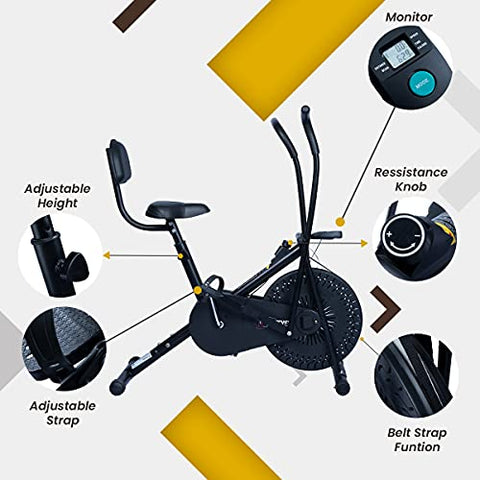 Image of INALSA Air Bike Exercise Cycle Indoor Bike | Cardio Home Workout | Multi Position Handle Grip | Height Adjustable Seat | Cushioned Back Rest | Digital Display | (Black) (FFAB-01R) FITTYFY Range
