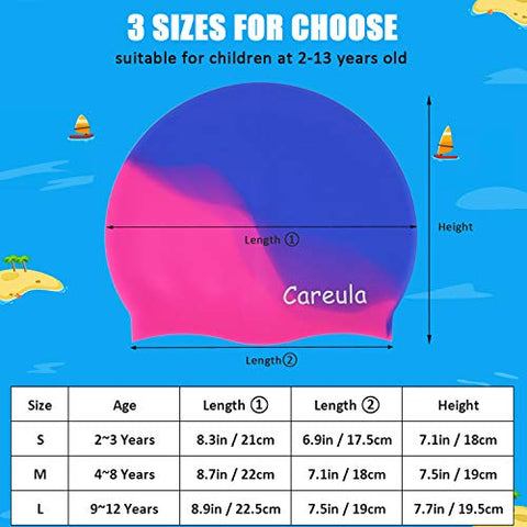 Image of Swim Cap, 2 Pack Durable Silicone Swimming Caps for Kids Girls Boys Youths (Age 2-12), Soft 3D Ergonomic Waterproof Kids Swim Caps, Comfortable Fit for Long Hair and Short Hair