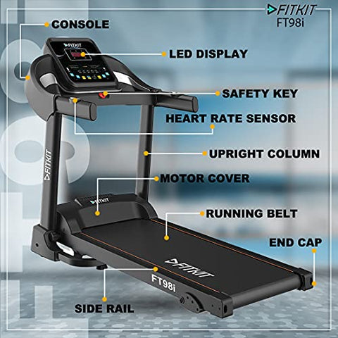 Image of Fitkit Series 1.5HP 2HP Peak DC-Motorised Treadmill FT98i, Max Speed - 10km/hr, Max Weight - 90 Kg with Home Installation and Diet and Fitness Plan (Black)