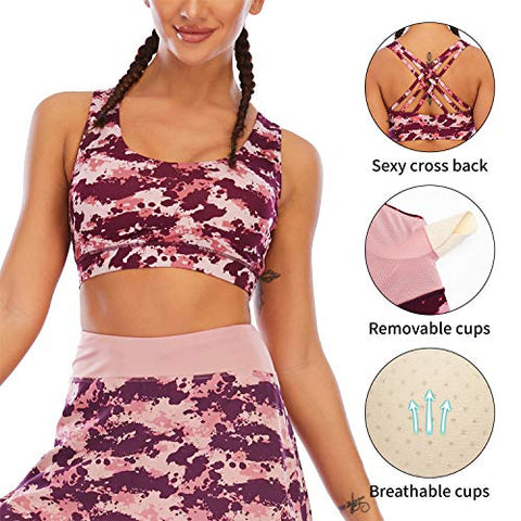 Image of Fancyskin Strappy Sports Bras for Women Cross Back Sexy Padded Yoga Bra Tops Cute Activewear Pink Slash XS