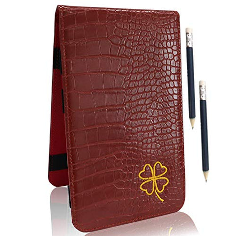 Image of FINGER TEN Golf Scorecard Holder Yardage Cover with 2 Free Golf Pencil Pack, Deluxe Color Black Blue Brown Gift Lucky Clover (Red-Lucky Clover)