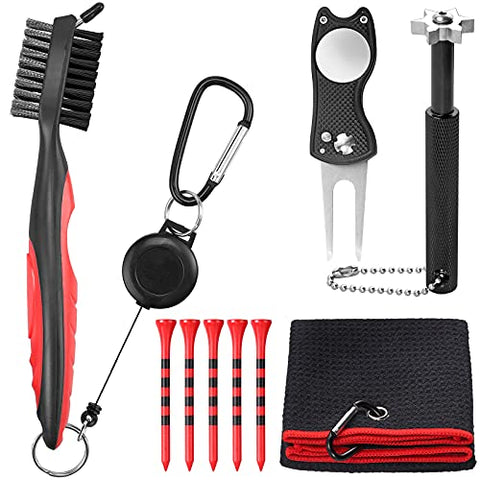 Image of VINTEAM Golf Accessories Gift Set, Golf Towel, Golf Club Brush with Groove Cleaner, Foldable Divot Repair Tool with Ball Marker, Club Groove Cleaner Set and Golf Tee Holder - Golf Club Cleaning Kit