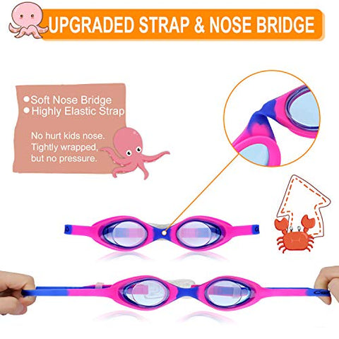 Image of Kids Swim Goggles Swimming Goggles for Boys Girls Kid Age 3-12 Child Colorful Swim Goggles Clear Vision Anti Fog UV Protection No Leak Soft Silicone Nose Bridge Protection Case Kids' Skoogles