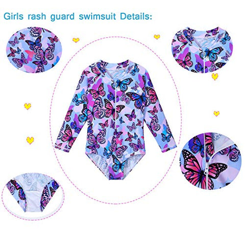 Image of ZNYUNE Girls One Piece Rashguard Swimwear Long Sleeve Swim Suit with Zipper UPF 50+ Sun Protection (PurpleButterfly, for 7-8 Years)