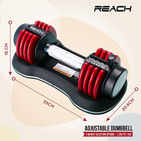Image of Reach Carbon Adjustable Dumbbells with Pin Lock Technology Space Saver (Single) (Carbon-11 (kgs) Red)