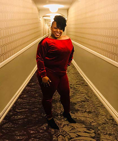 Image of VamJump Women Burgundy Velvet Off Shoulder Long Sleeve Sweat Suits Tracksuit, Medium