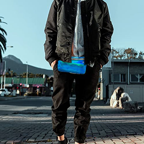 Image of Ultra Slim Fanny Pack Holographic, Water Resistant Hologram Metallic Neon Waist Bag, Upgraded Inner Pockets, Reflective Adjustable Elastic Belt Laser Bum Bag for Rave Festival Travel Party, Neon Blue