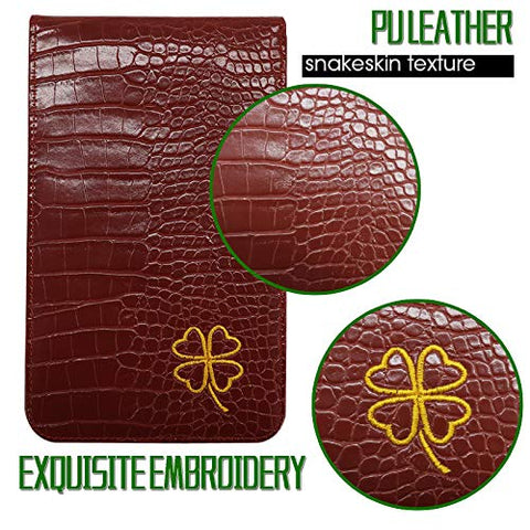 Image of FINGER TEN Golf Scorecard Holder Yardage Cover with 2 Free Golf Pencil Pack, Deluxe Color Black Blue Brown Gift Lucky Clover (Red-Lucky Clover)