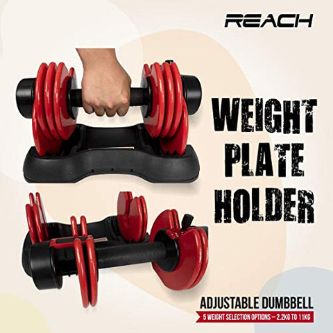 Image of Reach Carbon Adjustable Dumbbells with Pin Lock Technology Space Saver (Single) (Carbon-11 (kgs) Red)
