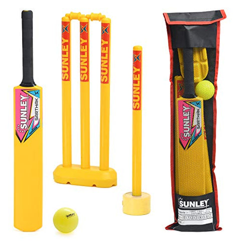Image of SUNLEY Plastic Cricket Kit (1 Piece Cricket Bat, 4 Piece Wickets, 2 Piece Base, 2 Piece Bails, 1 Piece Wind Ball, 1 Piece Kit Bag) (Size 3 for Age Group 8 Years) Yellow