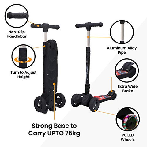 Image of R for Rabbit Road Runner Kick Scooter for Kids of Above 3 Years, Skating Scooter for Boys, Girls, Scratch Free LED PU Wheels, 4-Level Adjustable Handlebar & Foldable Design & Wide Standing Board, Weight Capacity 75Kgs ( Black)