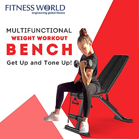 Image of FITNESS WORLD Home Multi Functional Weight Workout Strength Training Multi-Purpose Foldable Incline Decline Exercise Foldable Bench - Weight Limit: 215 Kg