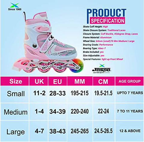 Image of Jaspo Sparkle Adjustable Inline Skates with Front Light up Wheels Beginner Skates Fun Illuminating Roller Skates for Kids Boys and Girls.